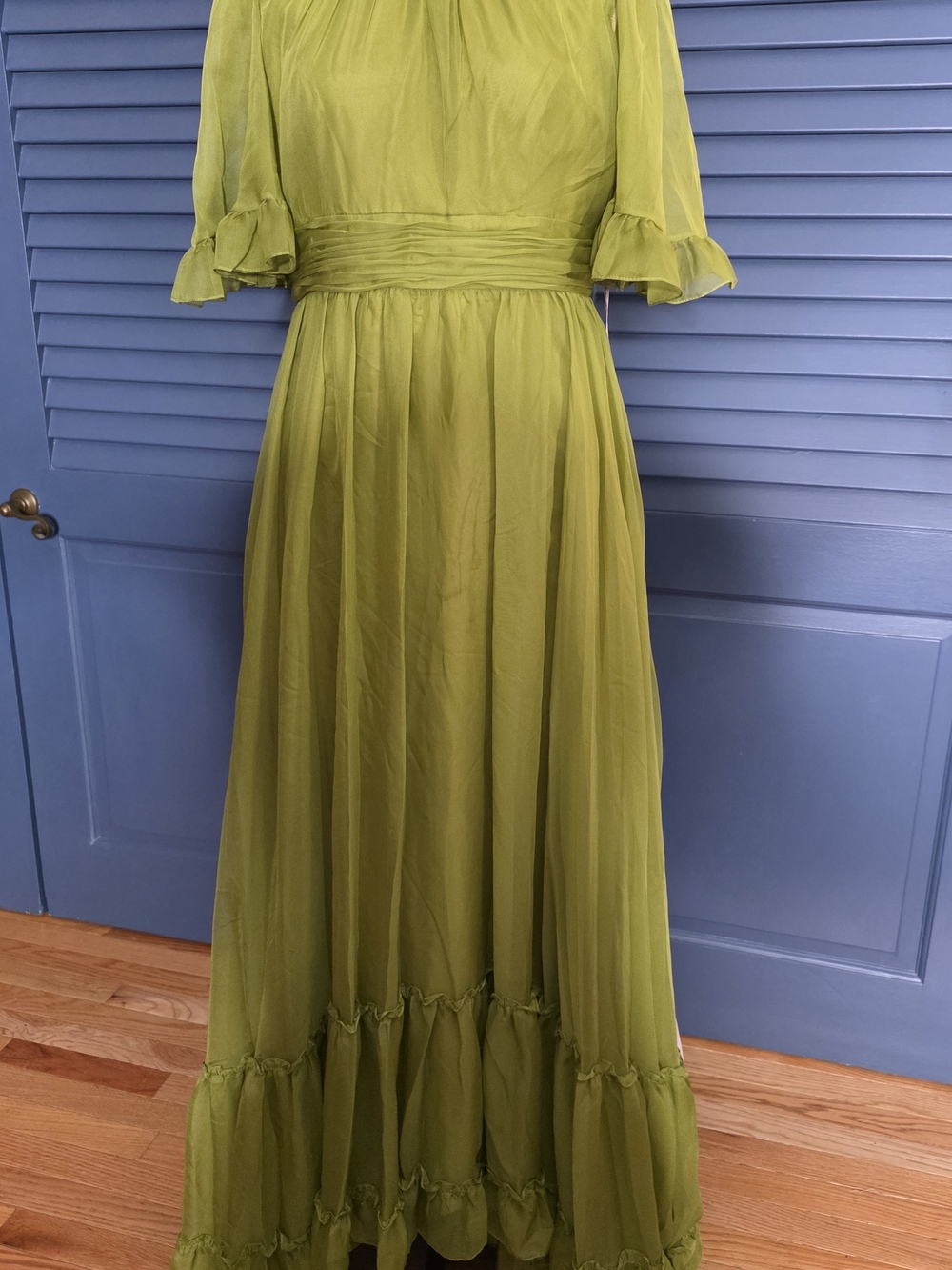NWT Mac Duggal Chiffon Ruched Illusion Ruffle Gown Olive Chartreuse 8 - Picture 2 of 12